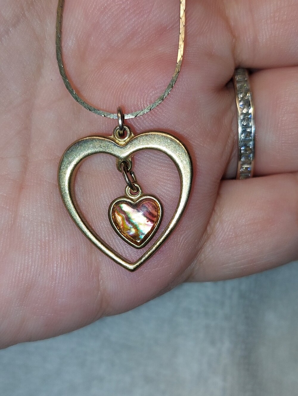 Goldtone Heart Pendant Necklace with Iridescent Inner Heart